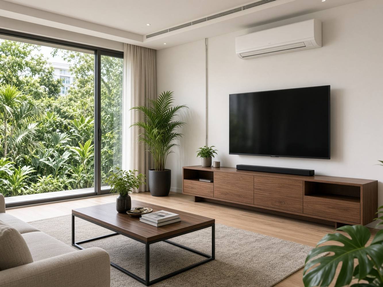 Wall-mounted air-conditioning unit installed above a walnut TV console