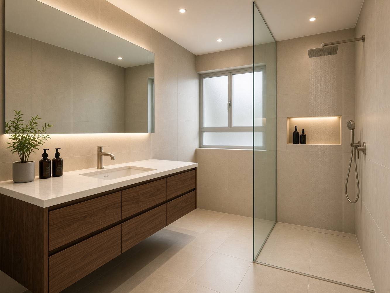 Singapore condominium bathroom with floating walnut vanity and frameless shower