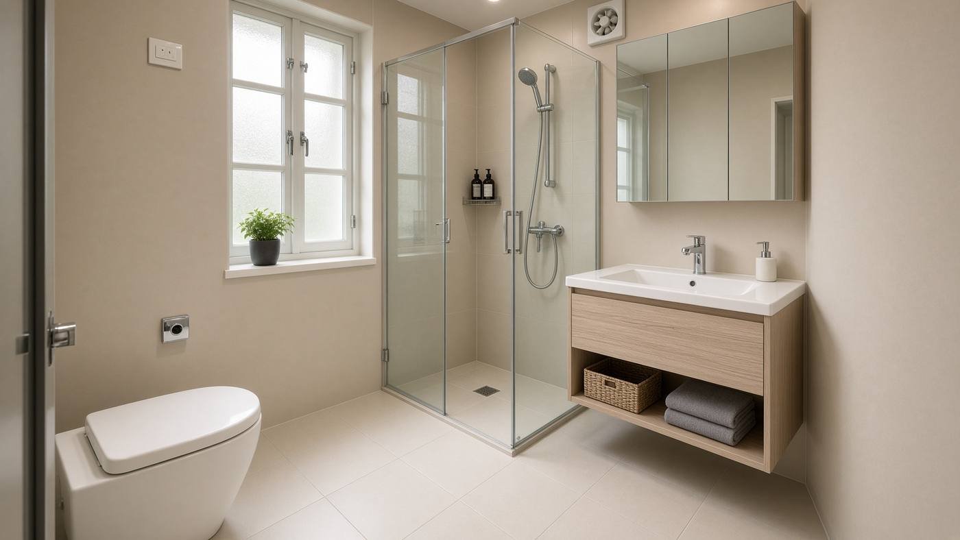 Upgraded Singapore bathroom with glass shower screen and oak vanity