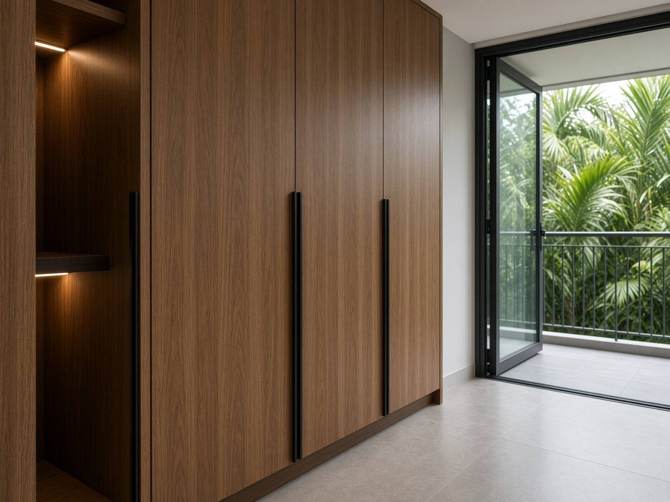 Floor-to-ceiling walnut wardrobe carpentry in a Singapore condominium