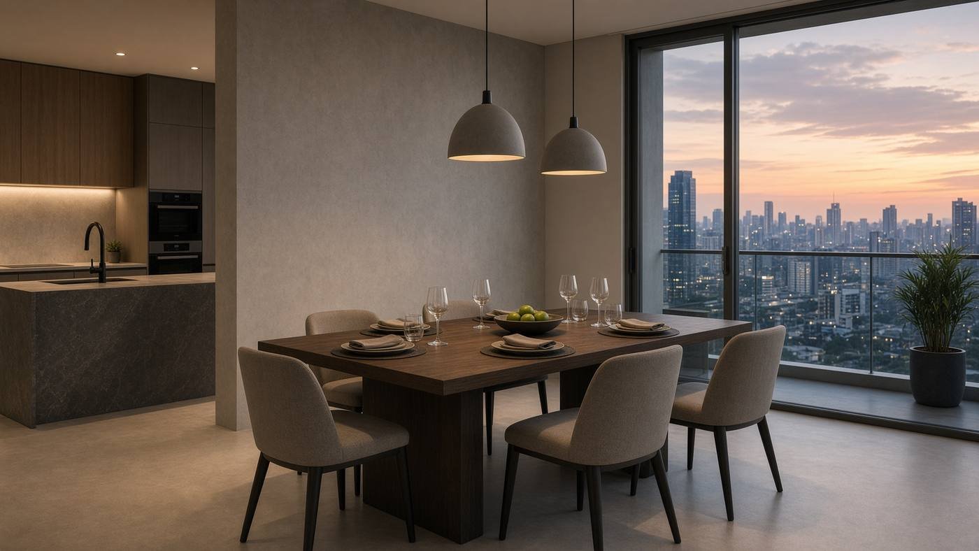 Singapore condominium dining area looking toward kitchen at dusk