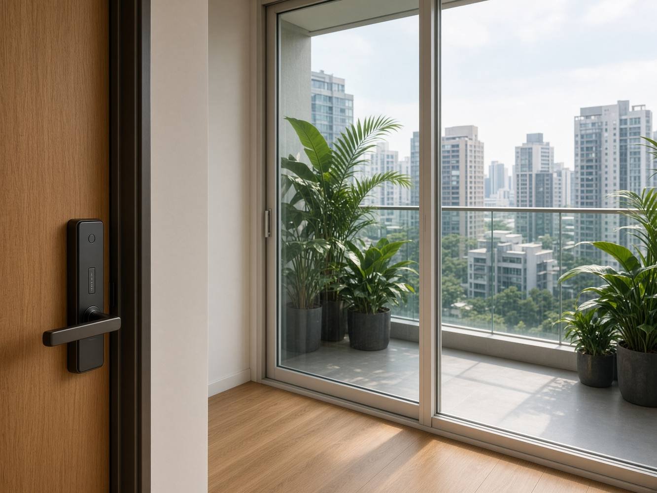 Singapore condo sliding balcony glass and interior timber door with digital lock