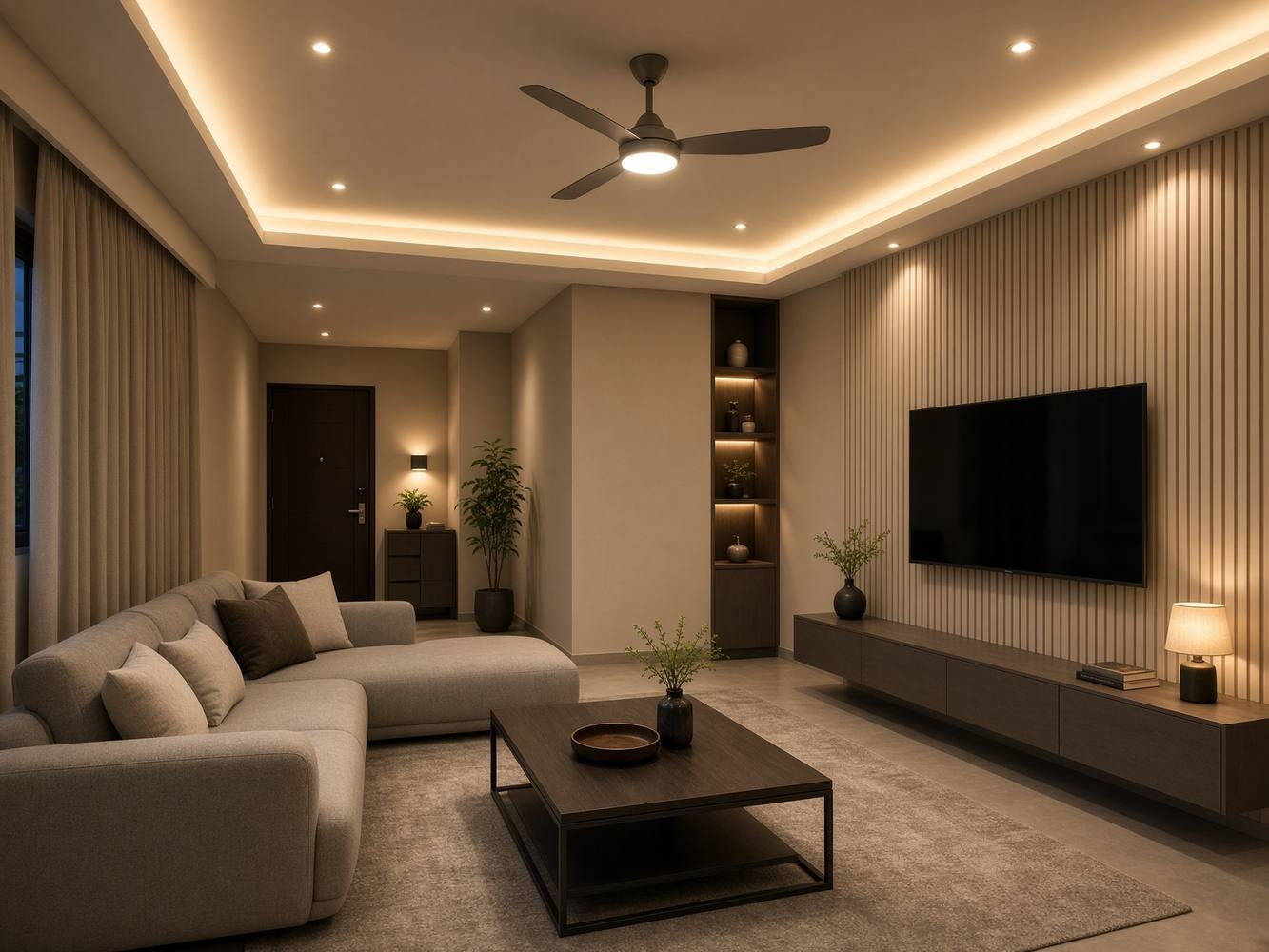 Singapore living room with recessed lighting, cove lights and ceiling fan