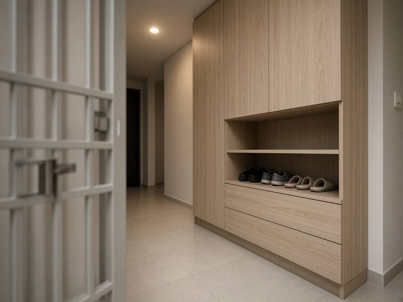 Singapore HDB entrance corridor with shoe cabinet carpentry