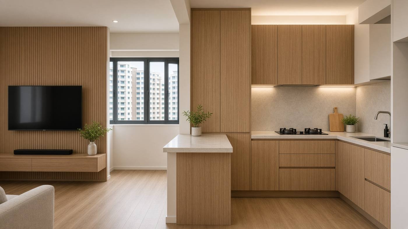 Contemporary Singapore apartment kitchen and living renovation with warm timber cabinetry