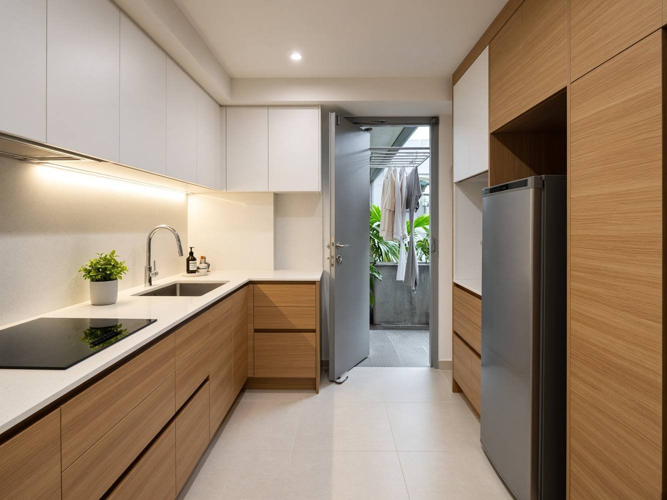 Singapore BTO kitchen with full-height oak cabinets and quartz worktop