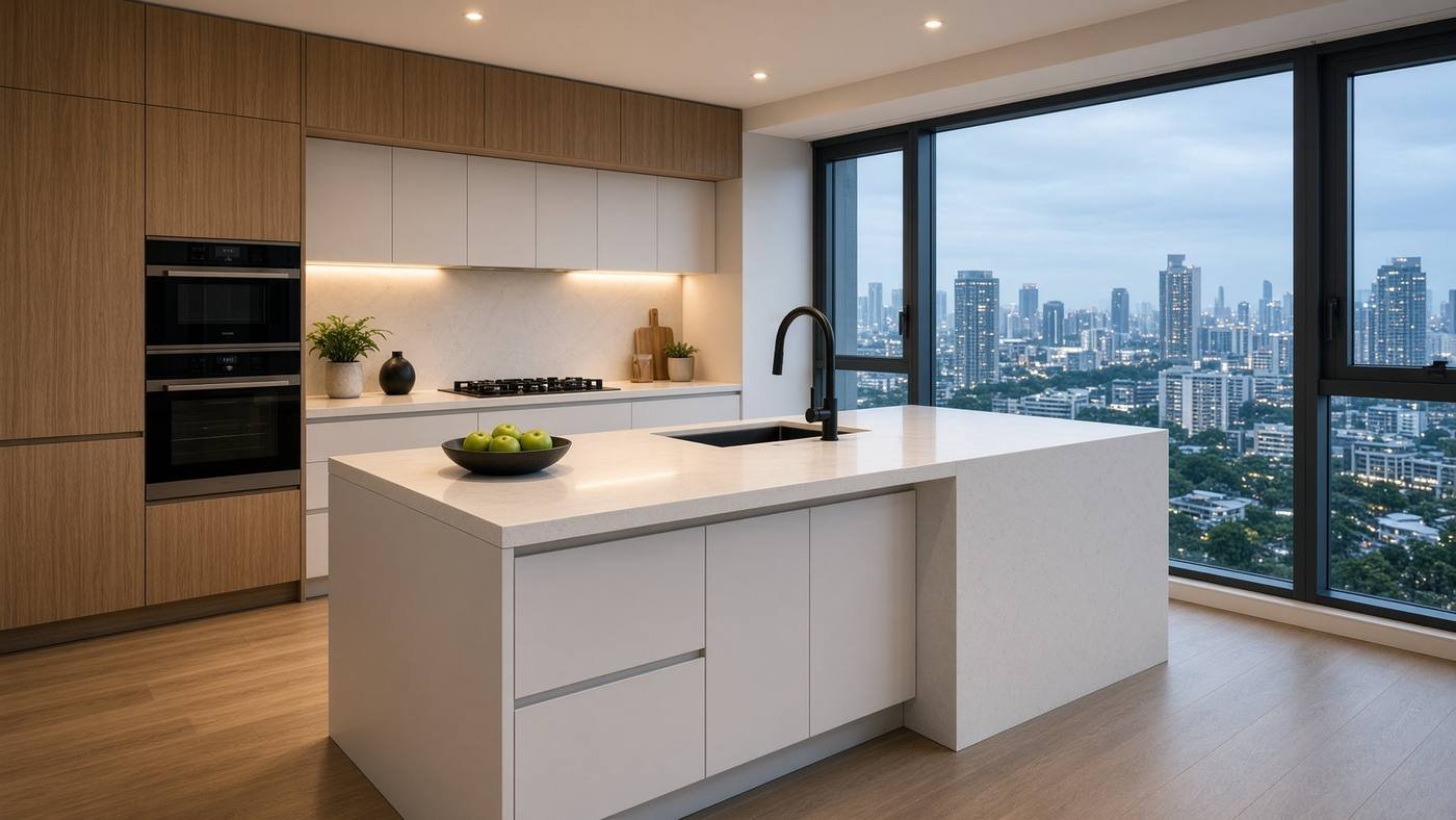Singapore condominium kitchen with quartz island