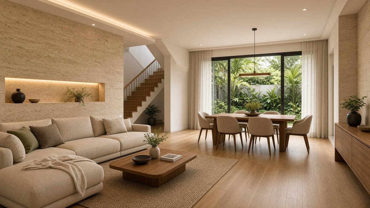 Singapore terrace house living-dining after renovation with tropical garden