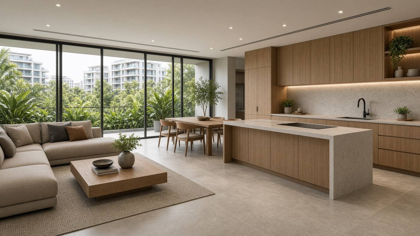 Completed Singapore condominium living-kitchen with precise joinery