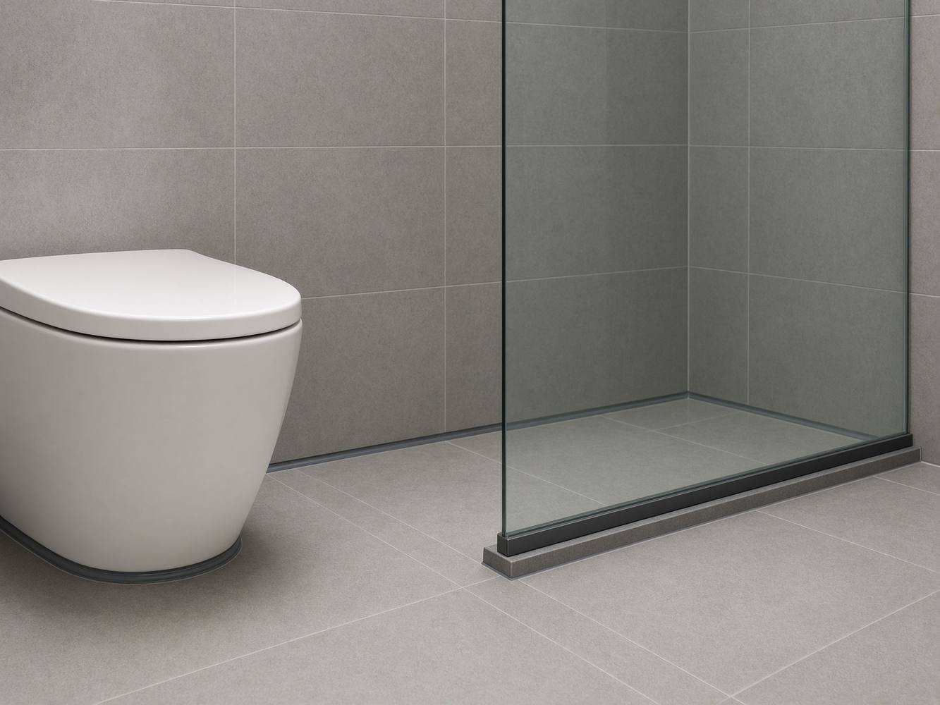 Finished bathroom tile junction and sealant around a shower screen base